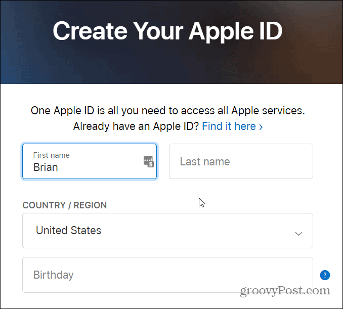formularz, aby utworzyć identyfikator jabłka