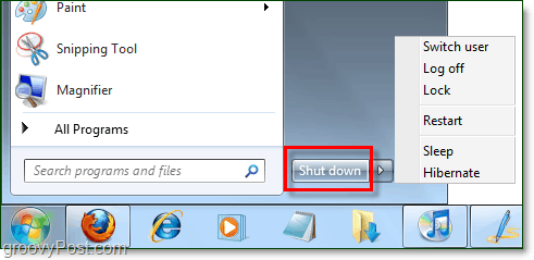 przycisk zasilania menu Start systemu Windows 7 z domyślnymi właściwościami po wyłączeniu