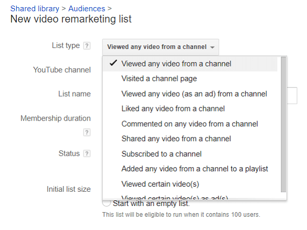 Możesz podzielić listy użytkowników YouTube na potrzeby remarketingu.