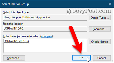 Zamknij okno dialogowe Wybierz użytkownika lub grupę w Windows Regisry