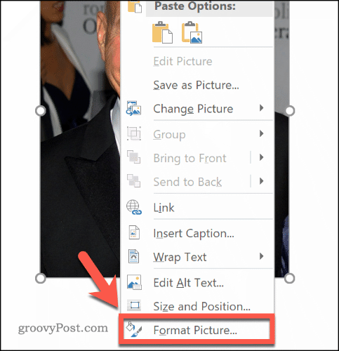 Wejście do menu Formatuj obraz w programie Word