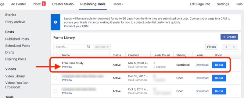 Wyświetl łącze w bibliotece formularzy na Facebooku