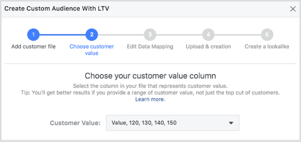 Wybierz kolumnę wartości klienta w oknie dialogowym Utwórz odbiorców z LTV.