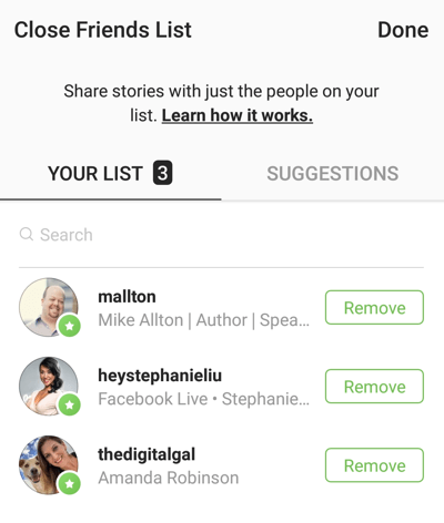 Możliwość kliknięcia Usuń, aby usunąć znajomego z listy bliskich znajomych na Instagramie.