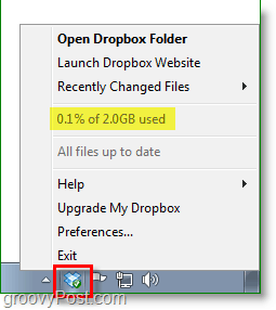 Zrzut ekranu Dropbox - ikona zasobnika systemowego Dropbox kołysze się