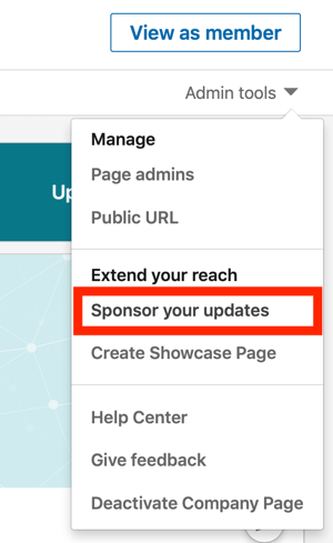 Jak stworzyć reklamę tekstową LinkedIn, krok 1, sponsoruj aktualizacje w Narzędziach administracyjnych