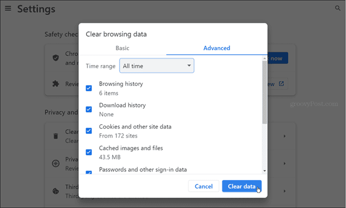 wyczyść dane przeglądania Chrome