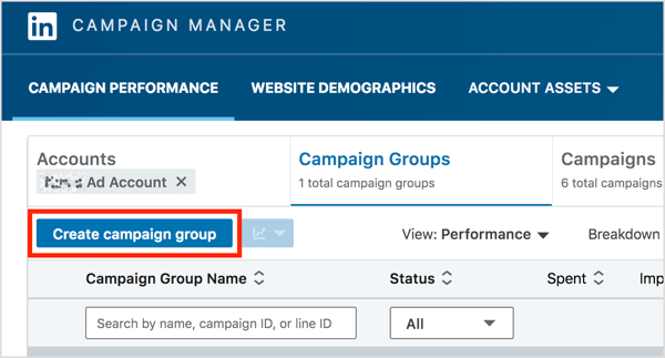 Na karcie Grupy kampanii w LinkedIn Campaign Manager kliknij przycisk Utwórz grupę kampanii.