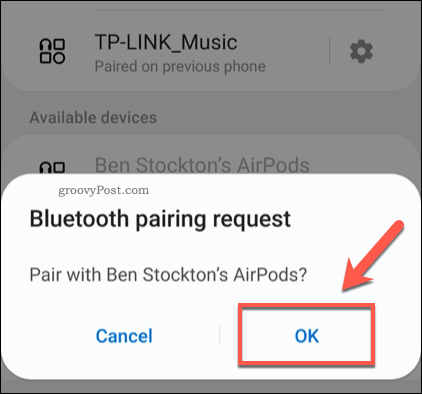 Potwierdzanie parowania Android AirPods
