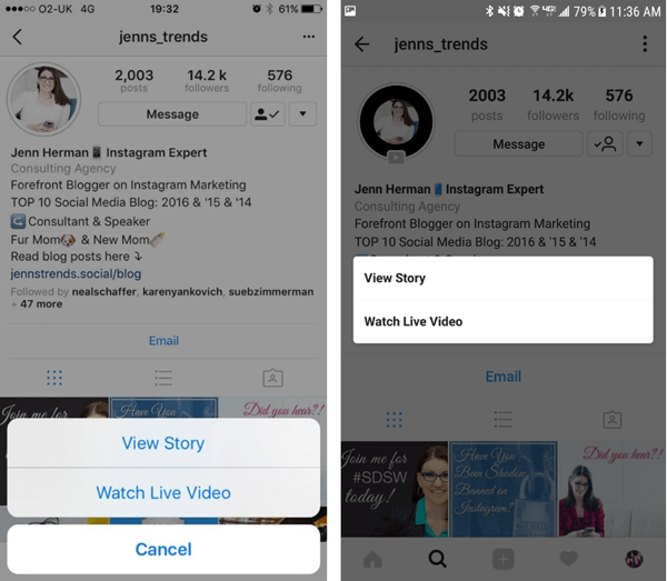 Odwiedzający profil na Instagramie mogą wybrać opcję wyświetlania w swoich historiach, jeśli masz zarówno powtórkę wideo, jak i posty z historią.