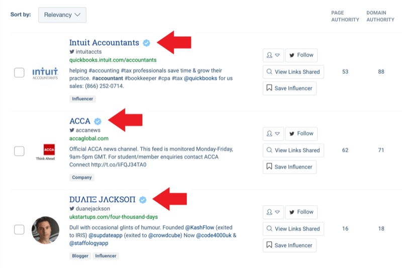 Strategia marketingowa w mediach społecznościowych; Zrzut ekranu wyników wyszukiwania z narzędzia do identyfikacji influencerów BuzzSumo po wprowadzeniu słowa kluczowego „księgowość”.