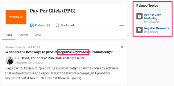 Przykład wyniku wyszukiwania Quora zawierający wyszukiwane hasło „PPC” i wyrażenie „wykluczające słowa kluczowe”.