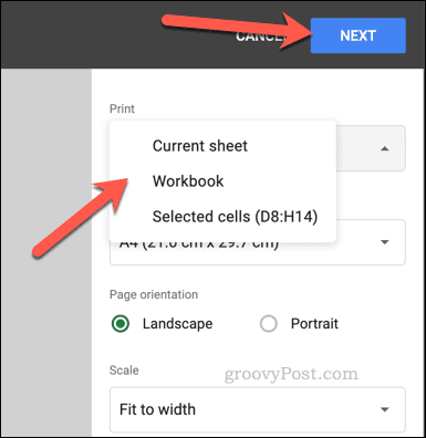 Wybierz obszar drukowania w Arkuszach Google