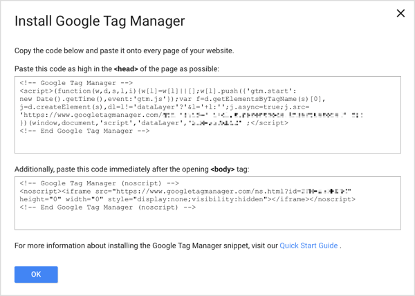 Dodaj dwa fragmenty kodu Menedżera tagów Google do każdej strony w witrynie, aby zakończyć proces konfiguracji.