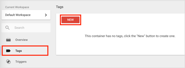 Aby utworzyć nowy tag w Menedżerze tagów Google, kliknij opcję Tagi na lewym pasku bocznym, a następnie kliknij przycisk Nowy.
