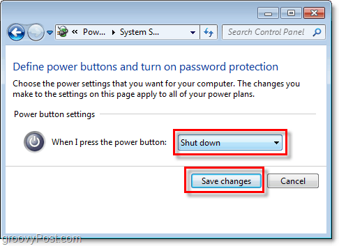 dostosuj działanie przycisku zamykania systemu Windows 7, kliknij przycisk Zapisz zmiany, aby zakończyć