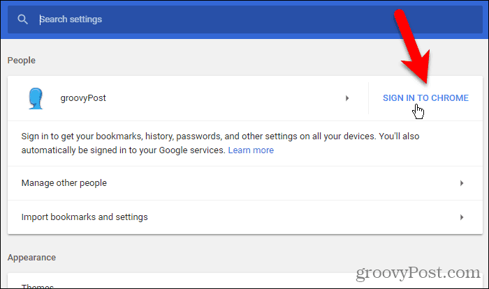 Kliknij Zaloguj się w Chrome w systemie Windows