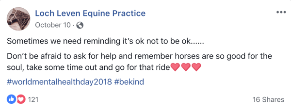 Przykład postu na Facebooku z emoji z Lock Leven Equine Practice.
