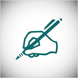 To jest turkusowa ilustracja przedstawiająca rękę piszącą ołówkiem. Seth Godin codziennie pisze na swoim blogu.