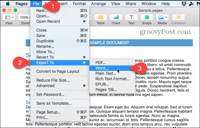 Plik> Eksportuj do> Word in Pages na komputerze Mac