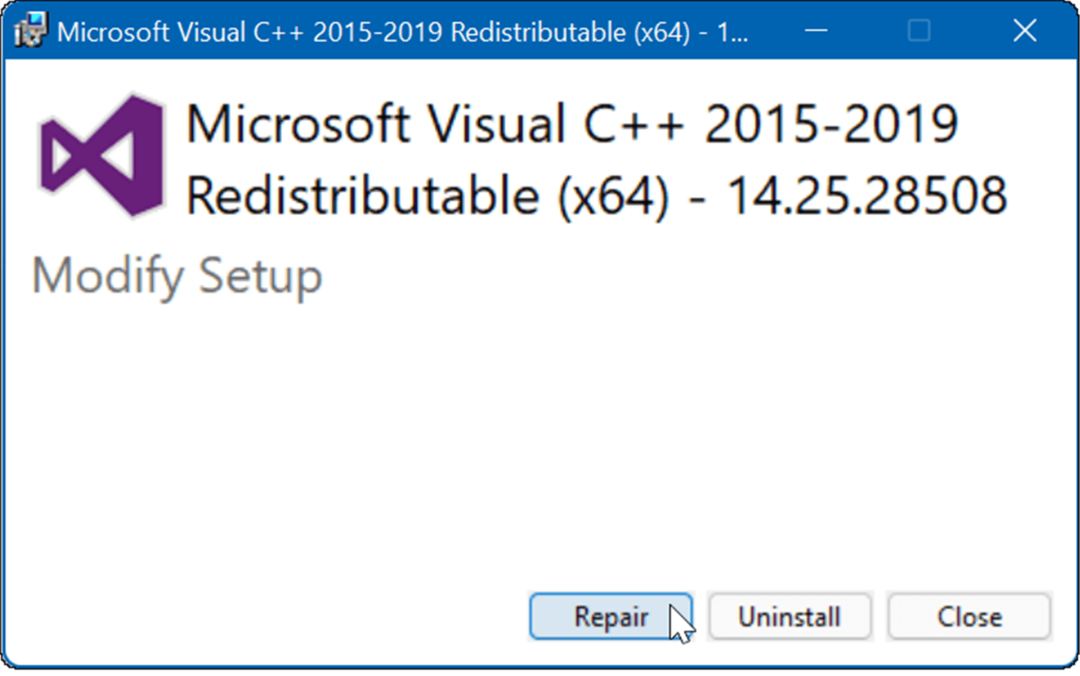 napraw pakiet redystrybucyjny Microsoft Visual C