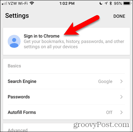 Stuknij Zaloguj się w Chrome na iOS