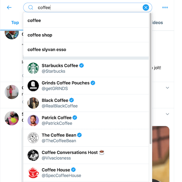 przykład wyników wyszukiwania z wyszukiwania kawy w polu wyszukiwania na Twitterze