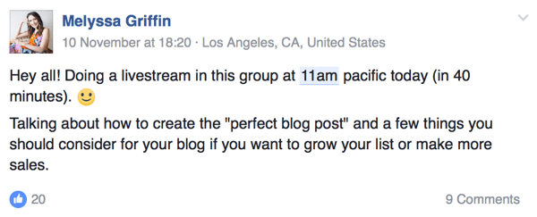 Przedsiębiorca Melyssa Griffin informuje swoich widzów, kiedy będzie na żywo na Facebooku.