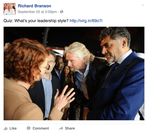 richard branson post na Facebooku z quizem