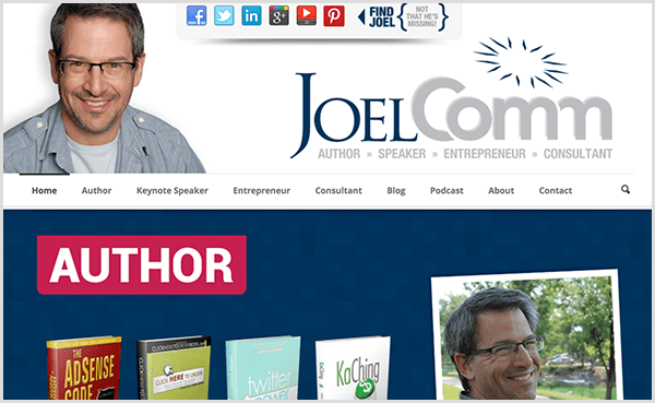 Witryna Joela Comm pokazuje zdjęcie uśmiechniętego Joela, ubranego w swobodną, ​​jasnoniebieską zapinaną koszulę i jasnoszarą koszulkę pod spodem. Nawigacja obejmuje opcje dla domu, autora, głównego mówcy, przedsiębiorcy, konsultanta, bloga, podcastu, informacji i kontaktu. Obraz suwaka poniżej nawigacji wyróżnia napisane przez niego książki.