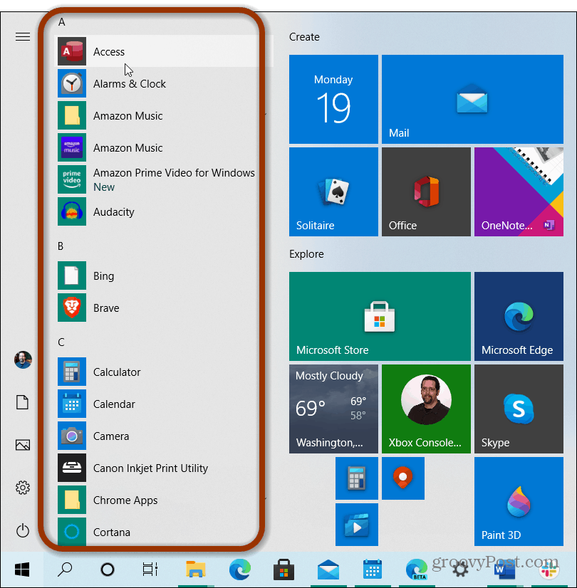 lista aplikacji menu start windows 10