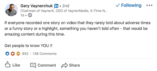 Post tekstowy na LinkedIn od Gary'ego Vaynerchuka