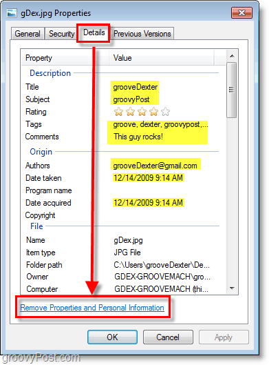 przejrzyj szczegóły pliku w Windows 7 i kliknij usuń właściwości i dane osobowe