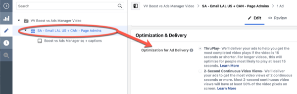 Optymalizacja Facebook ThruPlay dla 10-sekundowych wyświetleń, edycja kampanii, krok 3.