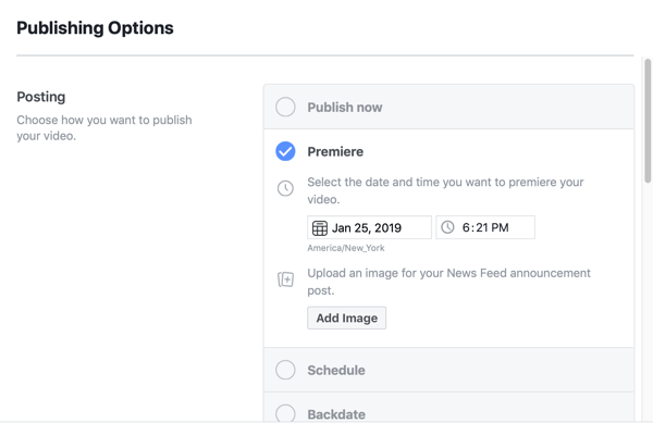 Jak skonfigurować Facebook Premiere, krok 5, ustawienia harmonogramu publikacji