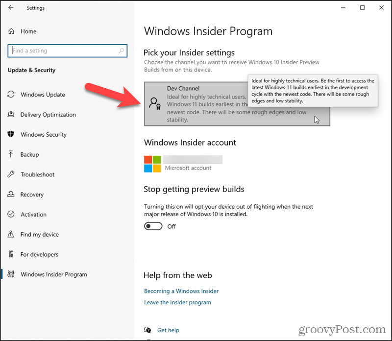 Kliknij Dev Channel w obszarze Wybierz ustawienia Insider w systemie Windows 10