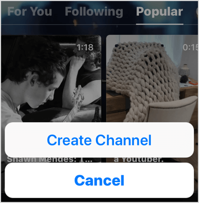 Wybierz opcję Utwórz kanał w aplikacji IGTV.