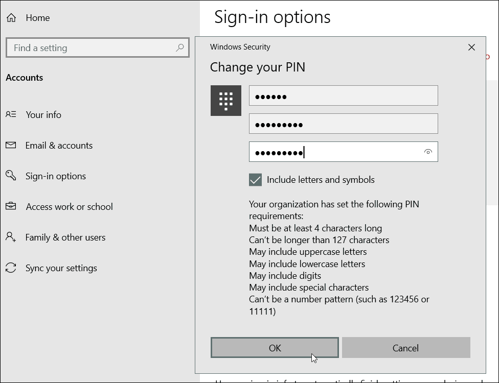 Wymagania dotyczące znaków specjalnych PIN Windows 10