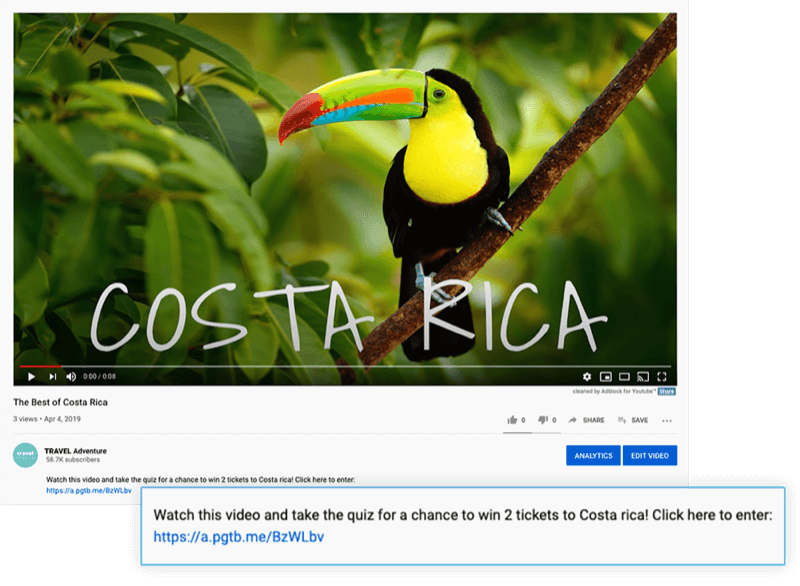 wyróżniony opis filmu na youtube z ofertą obejrzenia filmu i rozwiązania quizu, aby mieć szansę na wygranie 2 biletów do Kostaryki