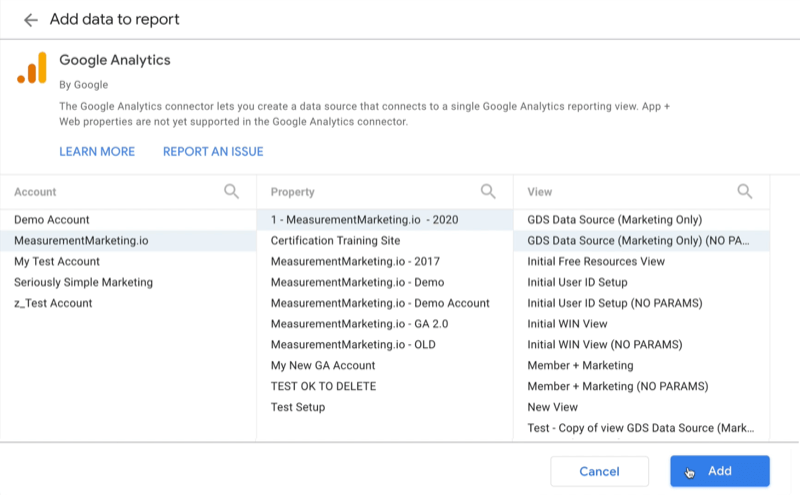 przykład utwórz pusty raport google data studio dodaj dane do raportu google analytics connector menu opcja wyboru konta Google, z którego chcesz otrzymywać dane