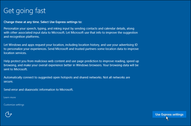 Ustawienia ekspresowe Windows 10