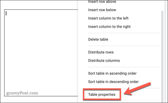 Dostęp do menu opcji tabeli w Dokumentach Google