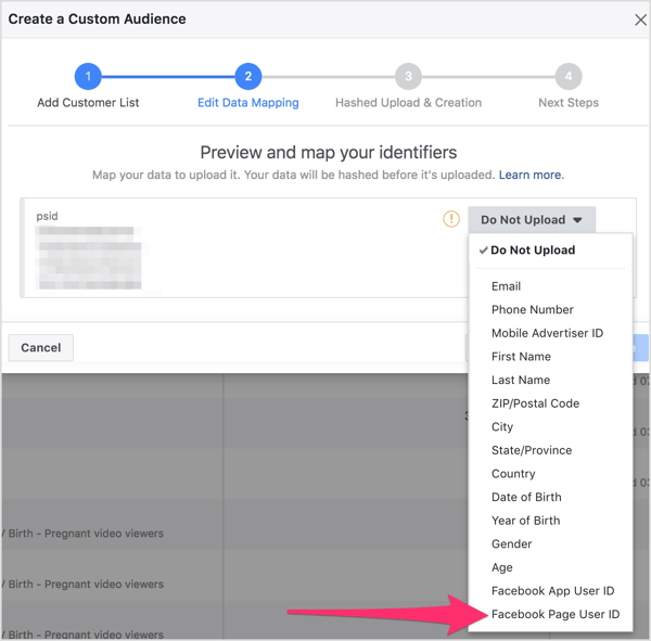 Z menu rozwijanego wybierz ID użytkownika strony Facebook.