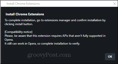Potwierdź instalację rozszerzenia Opera Install Chrome
