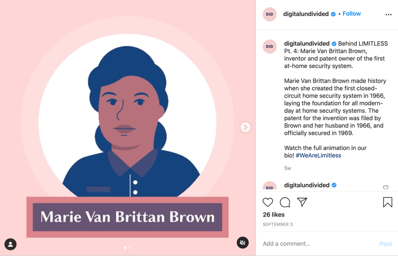 przykład fragmentu posta mp4 udostępnionego na Instagramie, w którym zaznaczono marie van brittan brown jako pt. 4 w serii #wearelimitless
