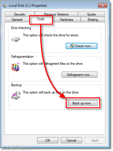 Kopia zapasowa systemu Windows 7 - karta Narzędzia we właściwościach i przycisk Utwórz kopię zapasową teraz