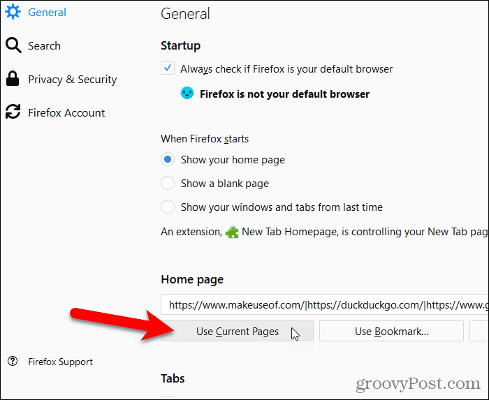 Kliknij opcję Użyj bieżącej strony w przeglądarce Firefox
