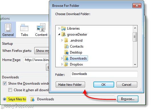 Zapisz pliki w jednym folderze i przeglądaj, aby ustawić ten folder
