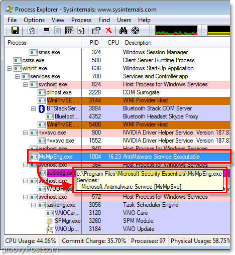 msmpeng.exe w Eksploratorze procesów w systemie Windows 7