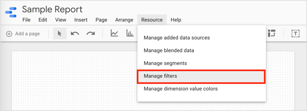 Aby filtrować dane i tworzyć grupy, których możesz użyć, kliknij Zasób na pasku menu i wybierz Zarządzaj filtrami z menu rozwijanego.